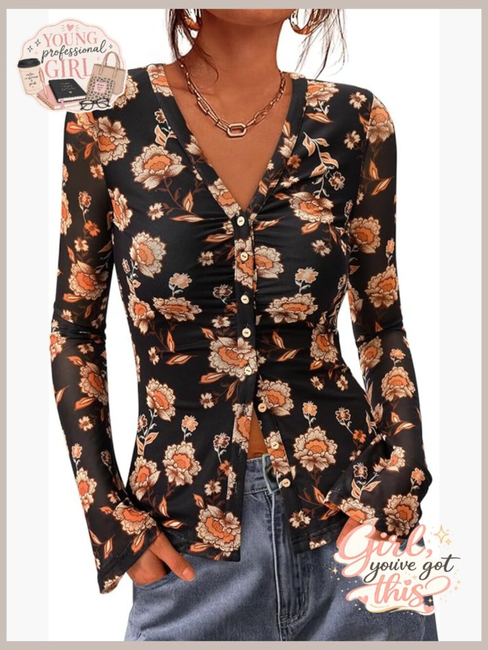 Boho Button Down Top Long Sleeve Blouse Ruched Fitted Mesh V Neck